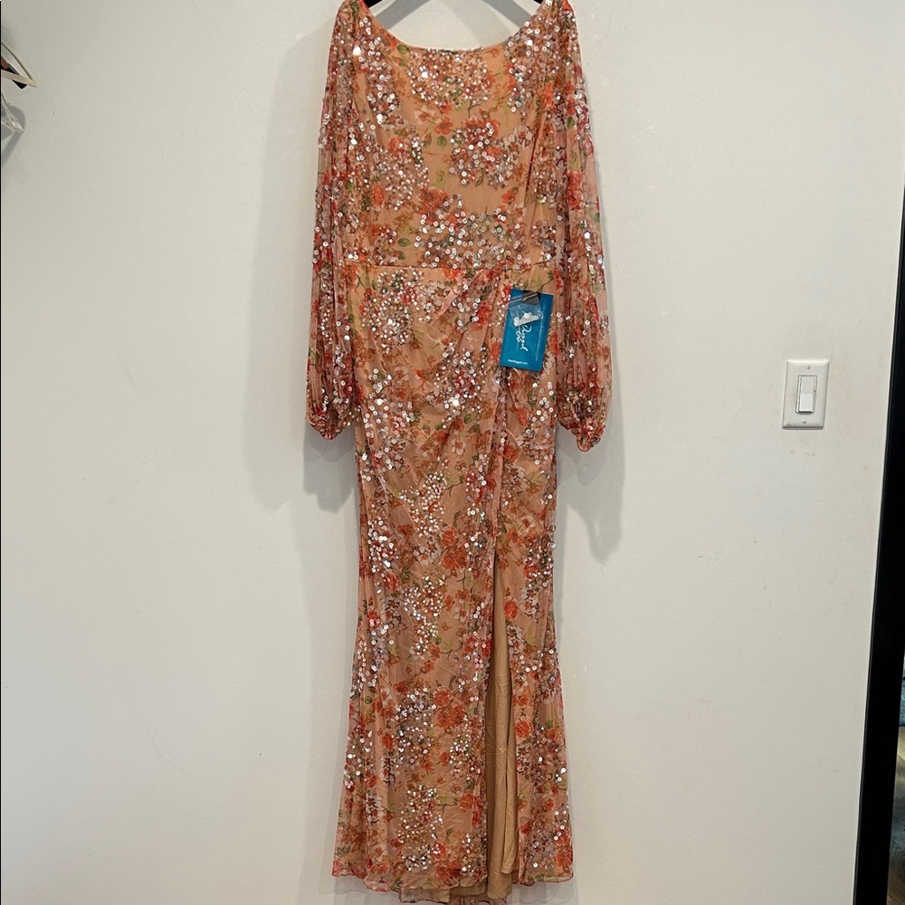 Mac Duggal Floral Maxi Long Sleeve Dress in apricot & sequin size 12 new women’s - Picture 2 of 12